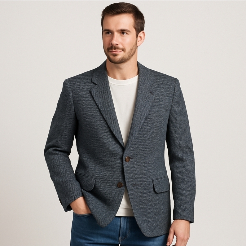 Harris Tweed Handwoven Scottish Wool Blazer 44R Leishman Gray Herringbone Union